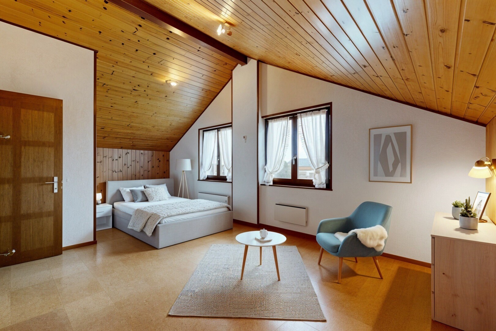 chambre avec inside property, natural light, lumière naturelle, wood ceiling, et plafond en bois