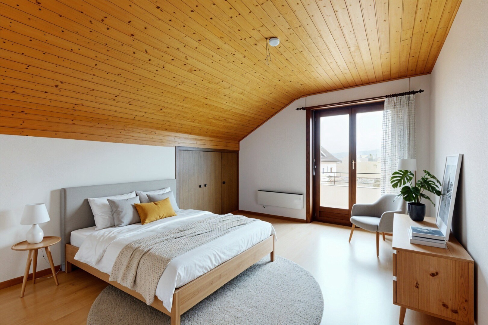 chambre avec wood ceiling, plafond en bois, natural light, lumière naturelle, et inside property