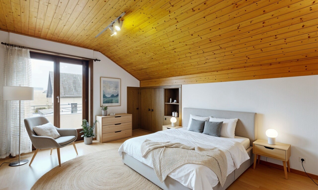 chambre avec natural light, lumière naturelle, wood ceiling, plafond en bois, et inside property