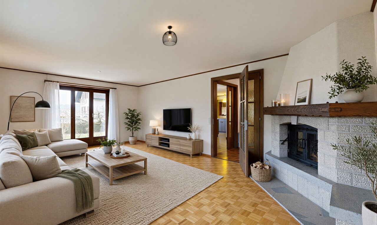 salon avec parquet floor, wood finish floor, sol en finition bois, drywall, et cloison sèche