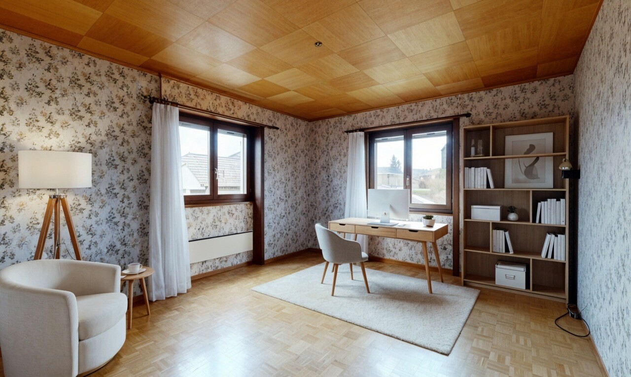 bureau avec wallpaper wall, mur en papier peint, natural light, lumière naturelle, et espace bureau