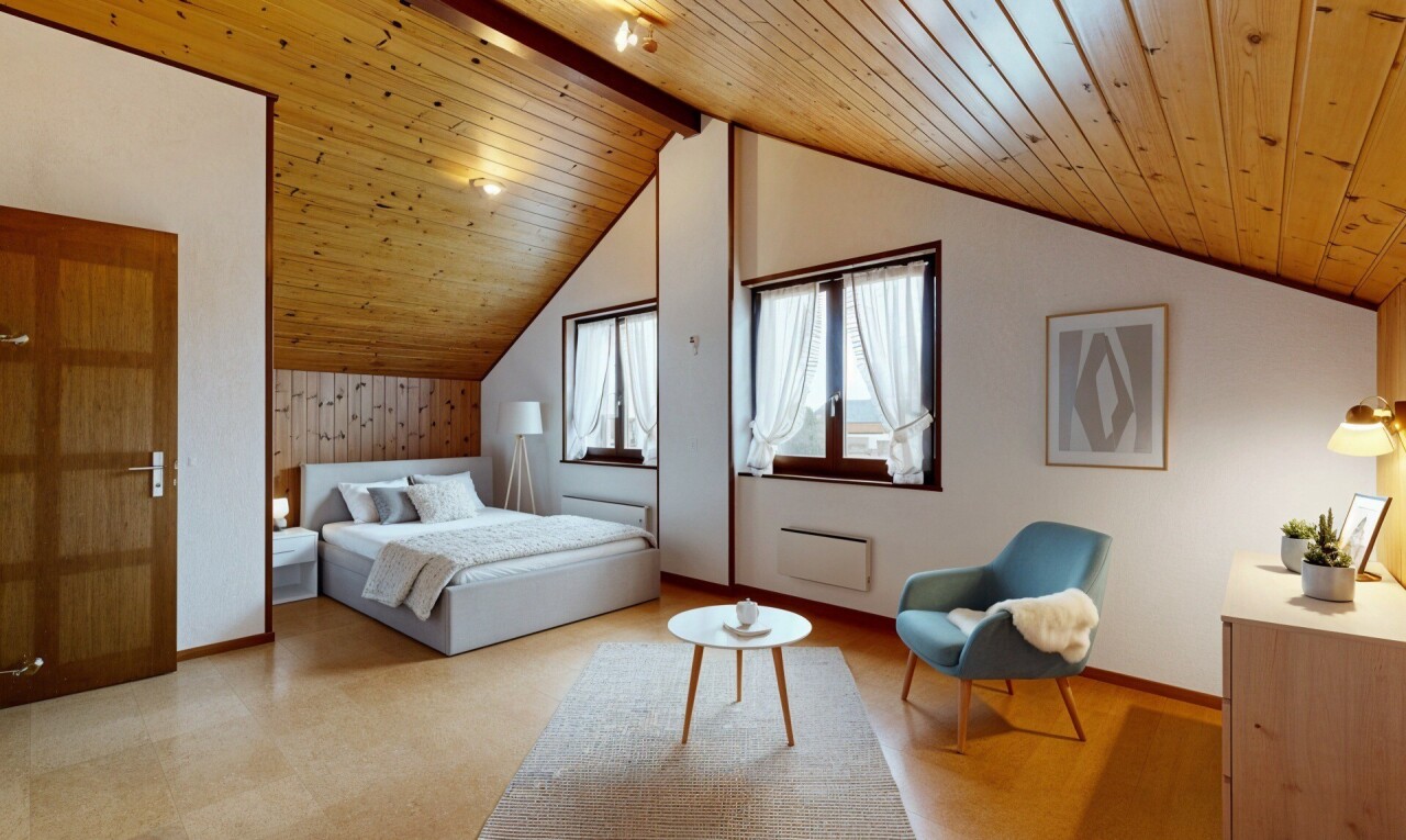 chambre avec inside property, natural light, lumière naturelle, wood ceiling, et plafond en bois