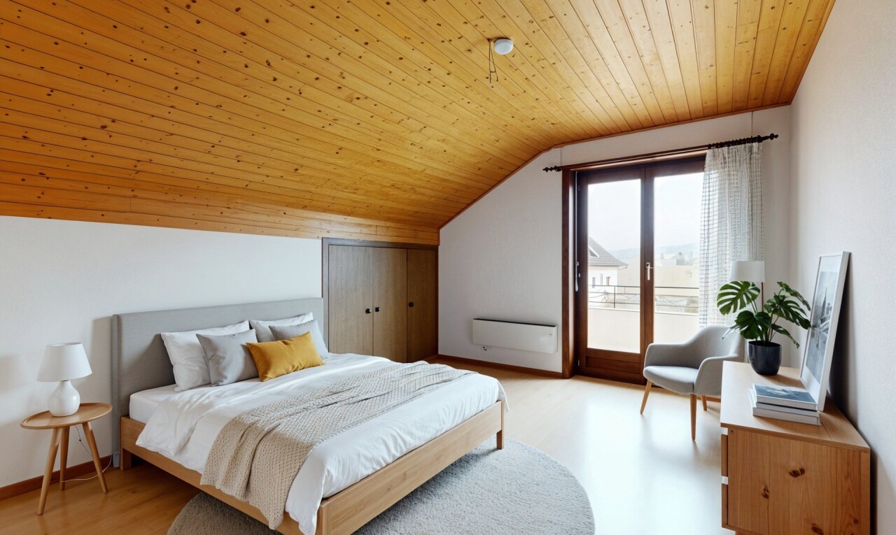 chambre avec wood ceiling, plafond en bois, natural light, lumière naturelle, et inside property