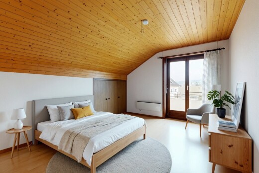chambre avec wood ceiling, plafond en bois, natural light, lumière naturelle, et inside property