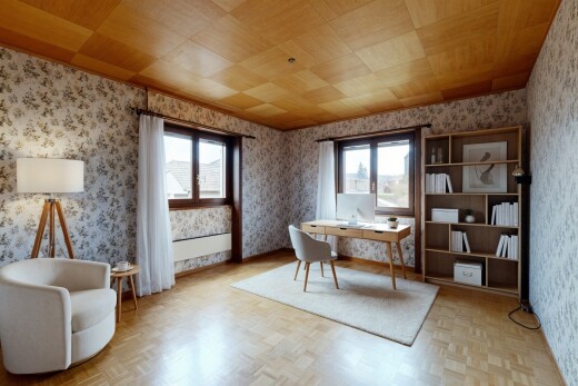 bureau avec wallpaper wall, mur en papier peint, natural light, lumière naturelle, et espace bureau