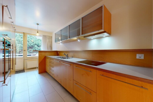 cuisine avec plans de travail, natural light, lumière naturelle, éclairage suspendu, et plaque de cuisson