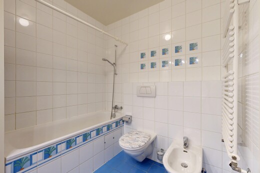 salle de bains avec salle de bain complète, douche-bain combinés, chauffe-serviettes, bidet, et toilette
