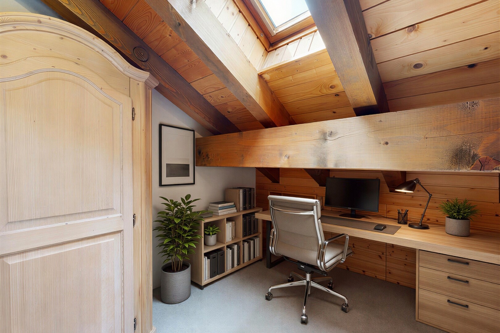 bureau avec inside property, puits de lumière, cloison sèche, drywall, et plafond à poutres