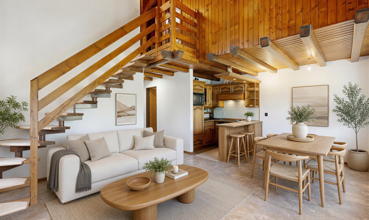 salon / salle à manger avec inside property, plafond haut, high ceiling, escaliers, et télévision