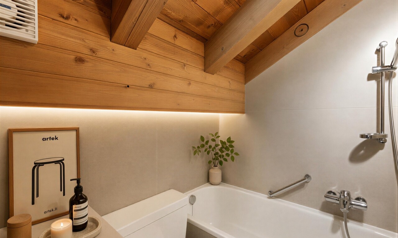 salle de bains avec mur en papier peint, wallpaper wall, inside property, salle de bain complète, et toilette