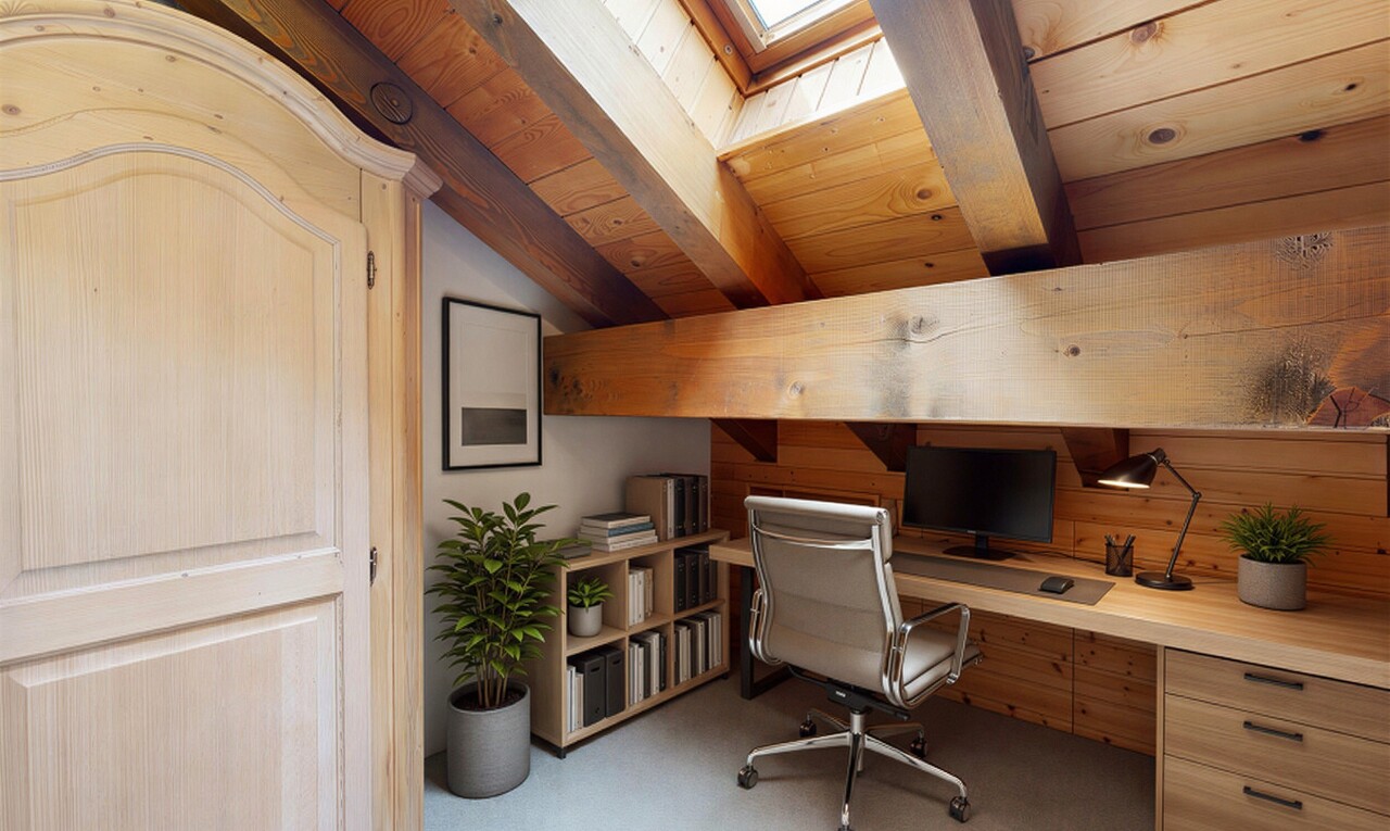 bureau avec inside property, puits de lumière, cloison sèche, drywall, et plafond à poutres
