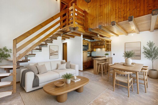 salon / salle à manger avec inside property, plafond haut, high ceiling, escaliers, et télévision