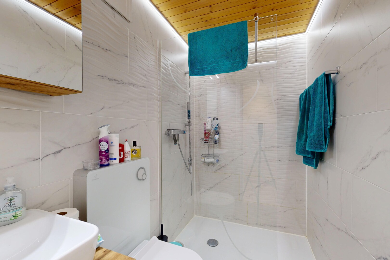 bad mit inside property, komplettes badezimmer, toilette, dusche, und fliesenwand