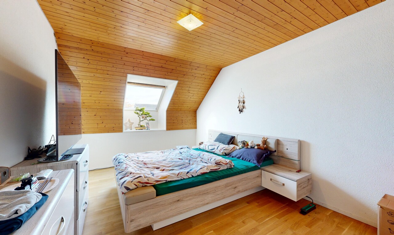 zimmer / schlafzimmer mit natural light, natürliches licht, inside property, fernseher, und vaulted ceiling