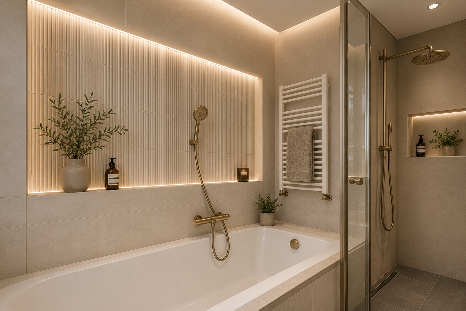 salle de bains avec douche, radiateur, bain, salle de bain complète, et inside property