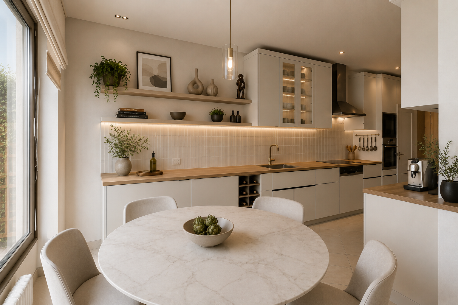 cuisine avec white cabinets, armoires blanches, glass insert cabinets, armoires avec insert en verre, et light countertops