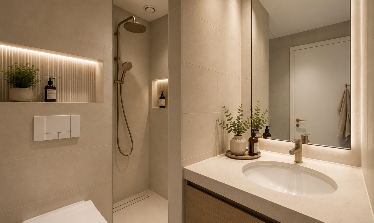 salle de bains avec miroir, lavabo (ou coiffeuse selon le contexte), évier, et inside property