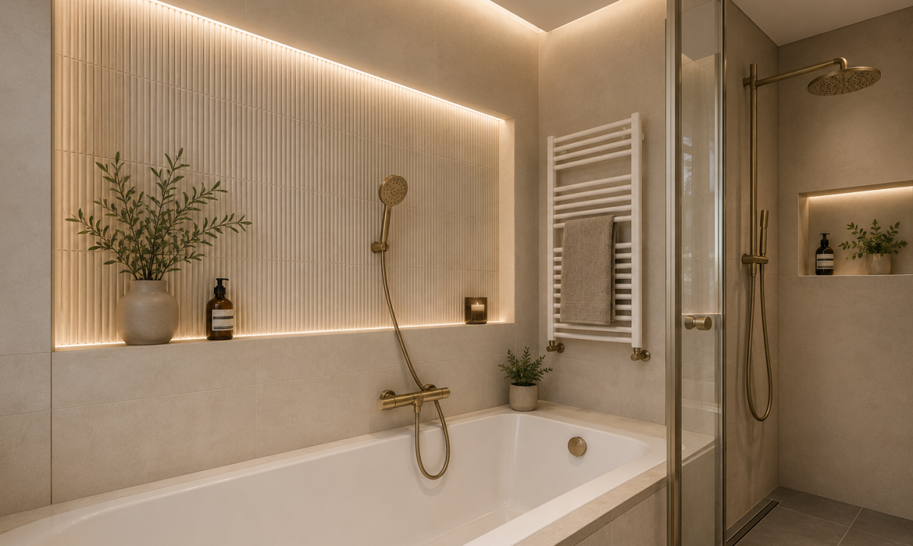 salle de bains avec douche, radiateur, bain, salle de bain complète, et inside property