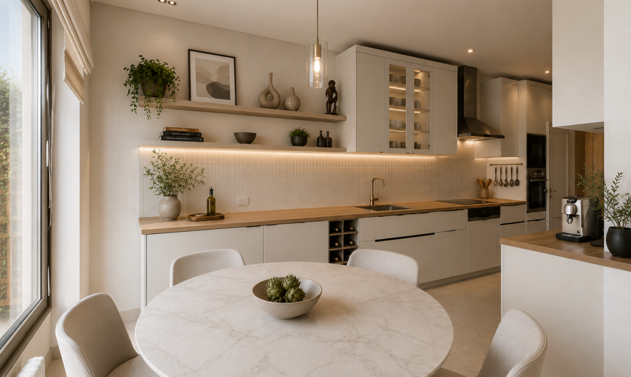 cuisine avec white cabinets, armoires blanches, glass insert cabinets, armoires avec insert en verre, et light countertops