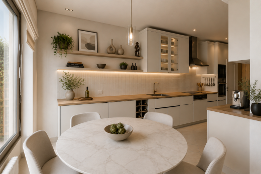 cuisine avec white cabinets, armoires blanches, glass insert cabinets, armoires avec insert en verre, et light countertops