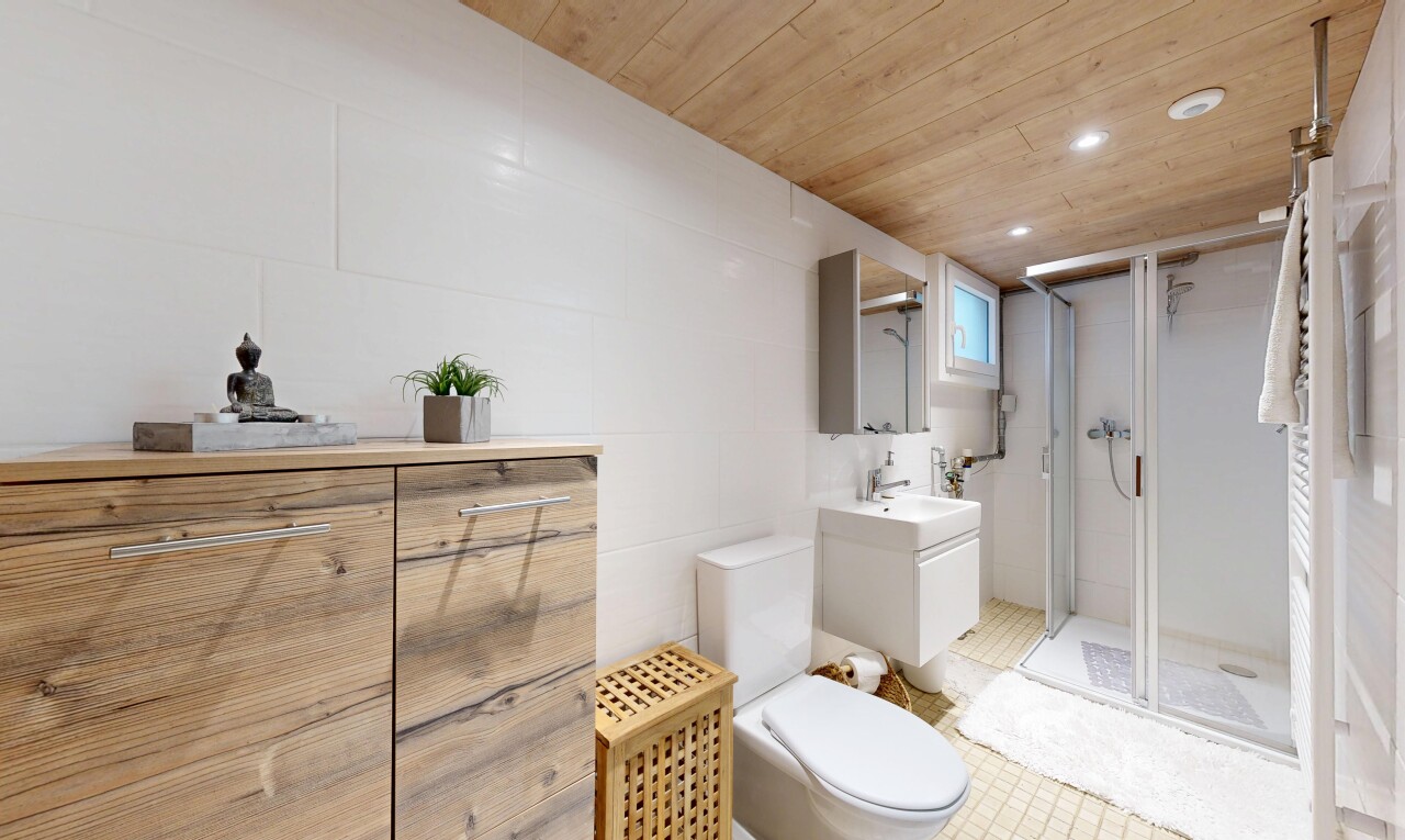 bad mit schminktisch, spiegel, komplettes badezimmer, dusche, und keller