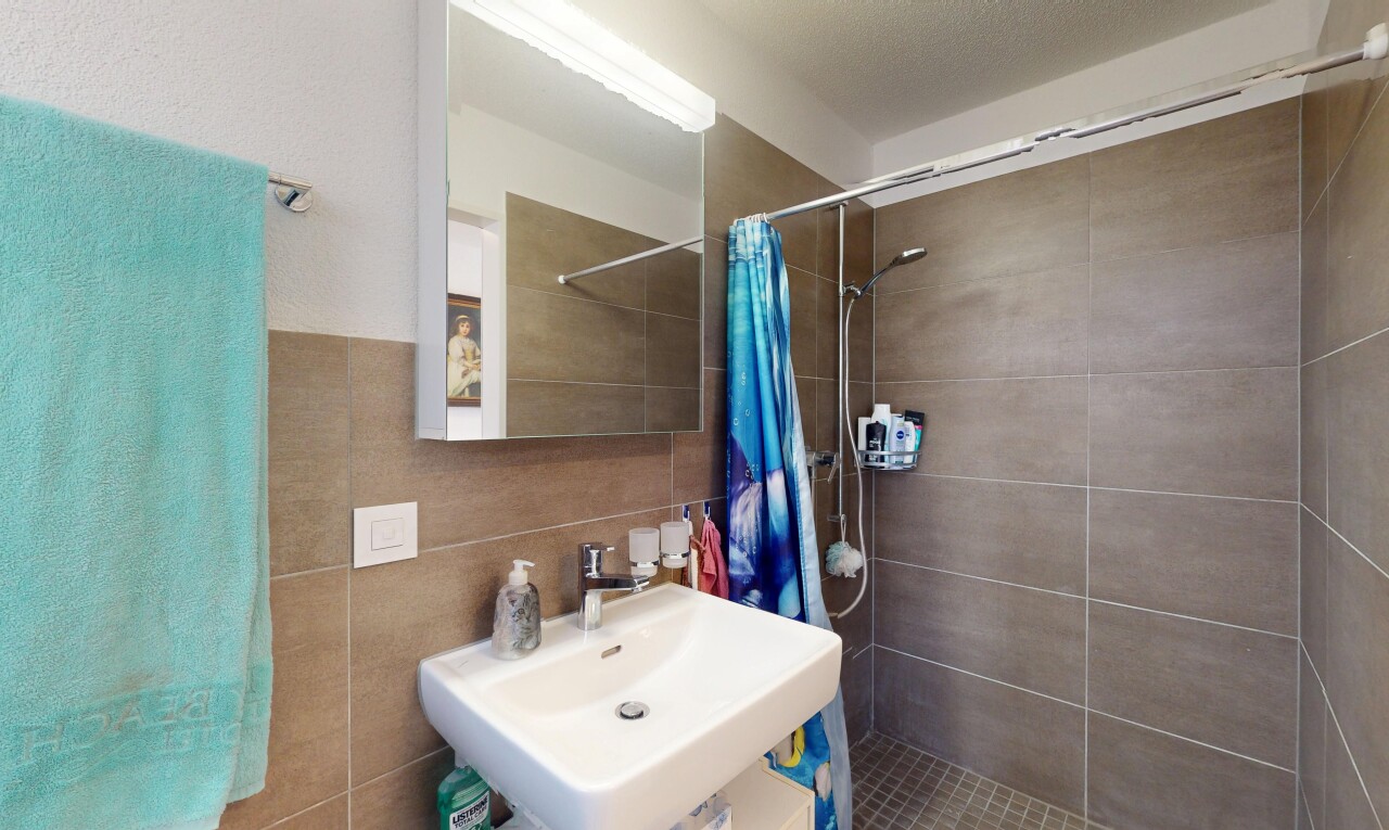 salle de bains avec évier, mur en carrelage, salle de bain complète, miroir, et douche