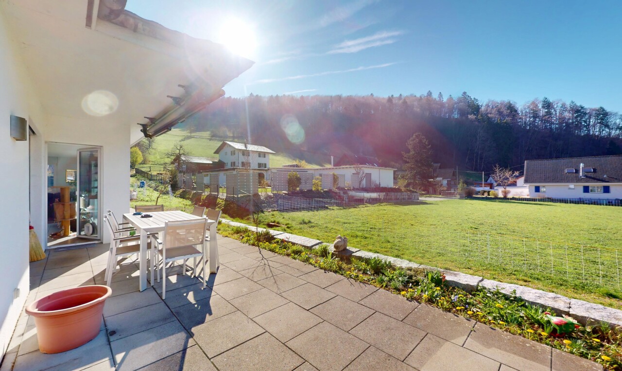 espace extérieur avec terrasse, coin repas extérieur, et pelouse