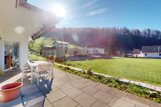espace extérieur avec terrasse, coin repas extérieur, et pelouse
