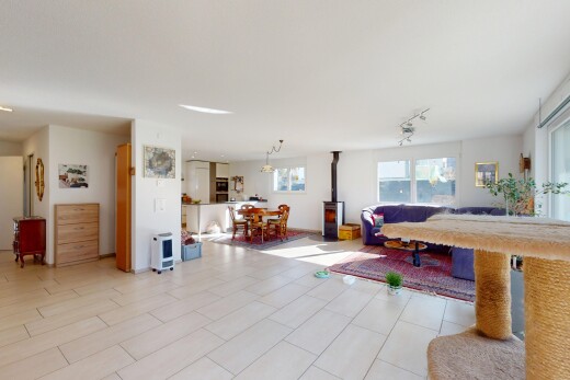 wohnzimmer mit holzofen, deckenbeleuchtung, natürliches licht, und gipskartonwand