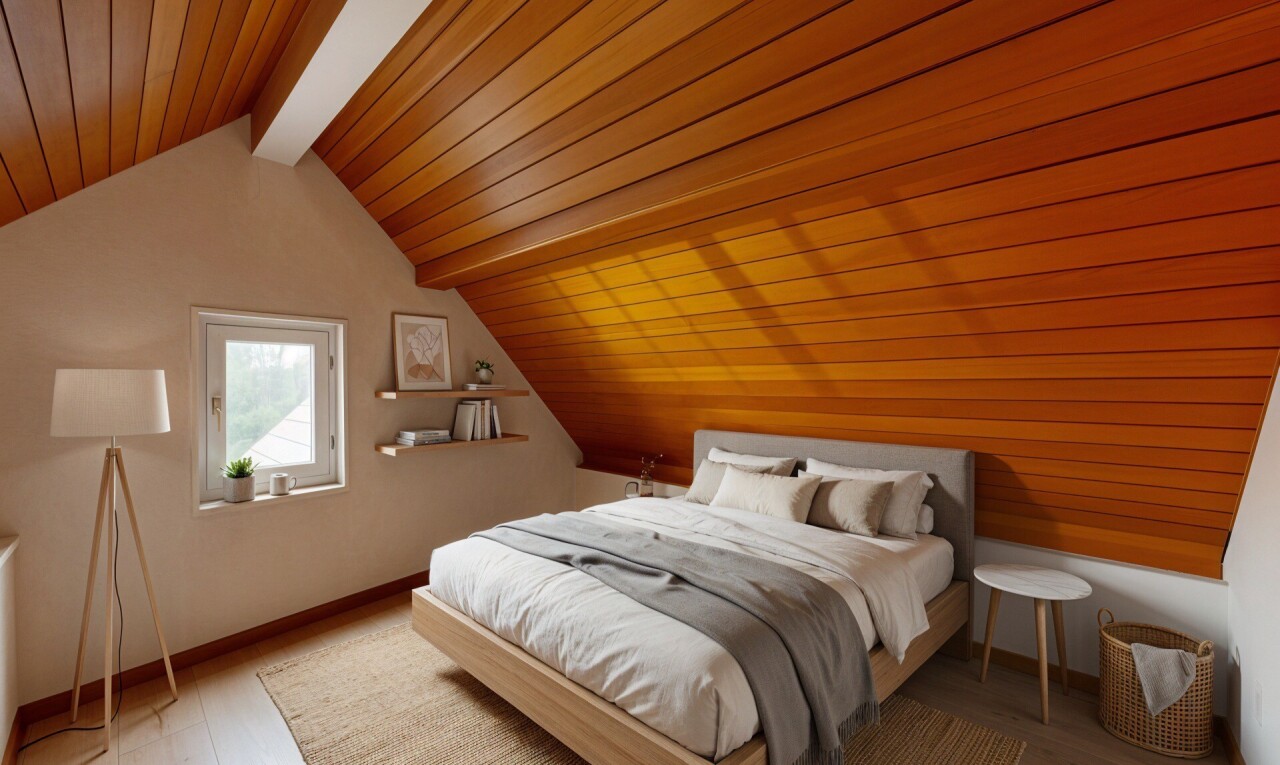 zimmer / schlafzimmer mit balkendecke, beamed ceiling, dachschräge, vaulted ceiling, und holzfußboden