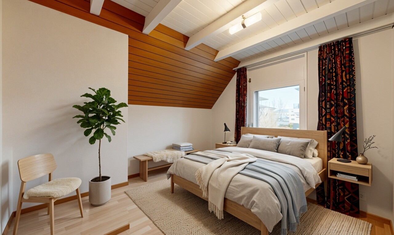 zimmer / schlafzimmer mit gipskartonwand, drywall, holzfußboden, wood finish floor, und inside property