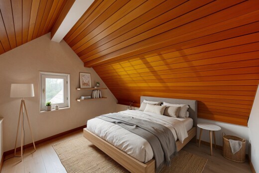 zimmer / schlafzimmer mit balkendecke, beamed ceiling, dachschräge, vaulted ceiling, und holzfußboden