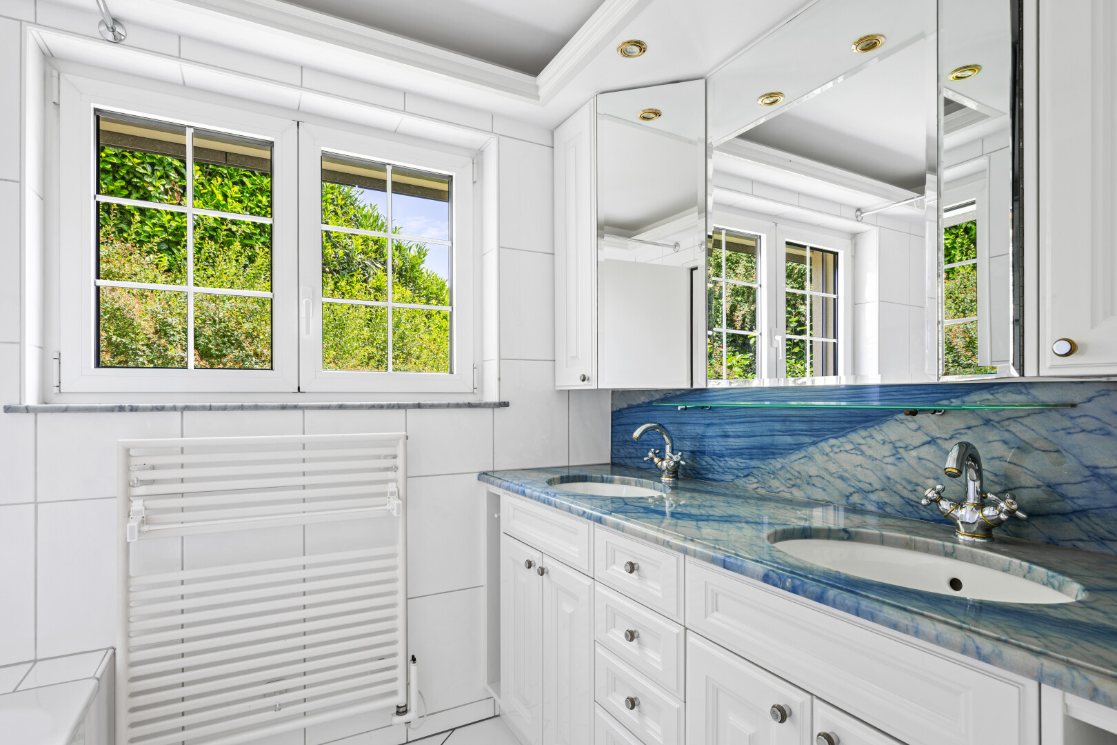 bathroom featuring radiator, double vanity, healthy amount of natural light, and crown molding