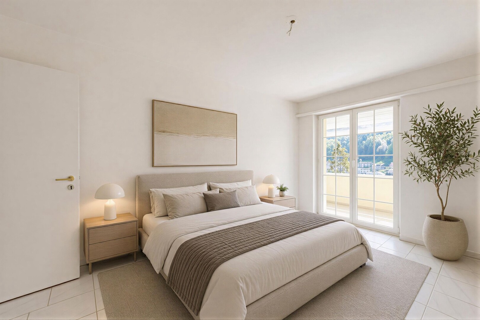 chambre avec accès à l'extérieur, light floor, natural light, lumière naturelle, et inside property