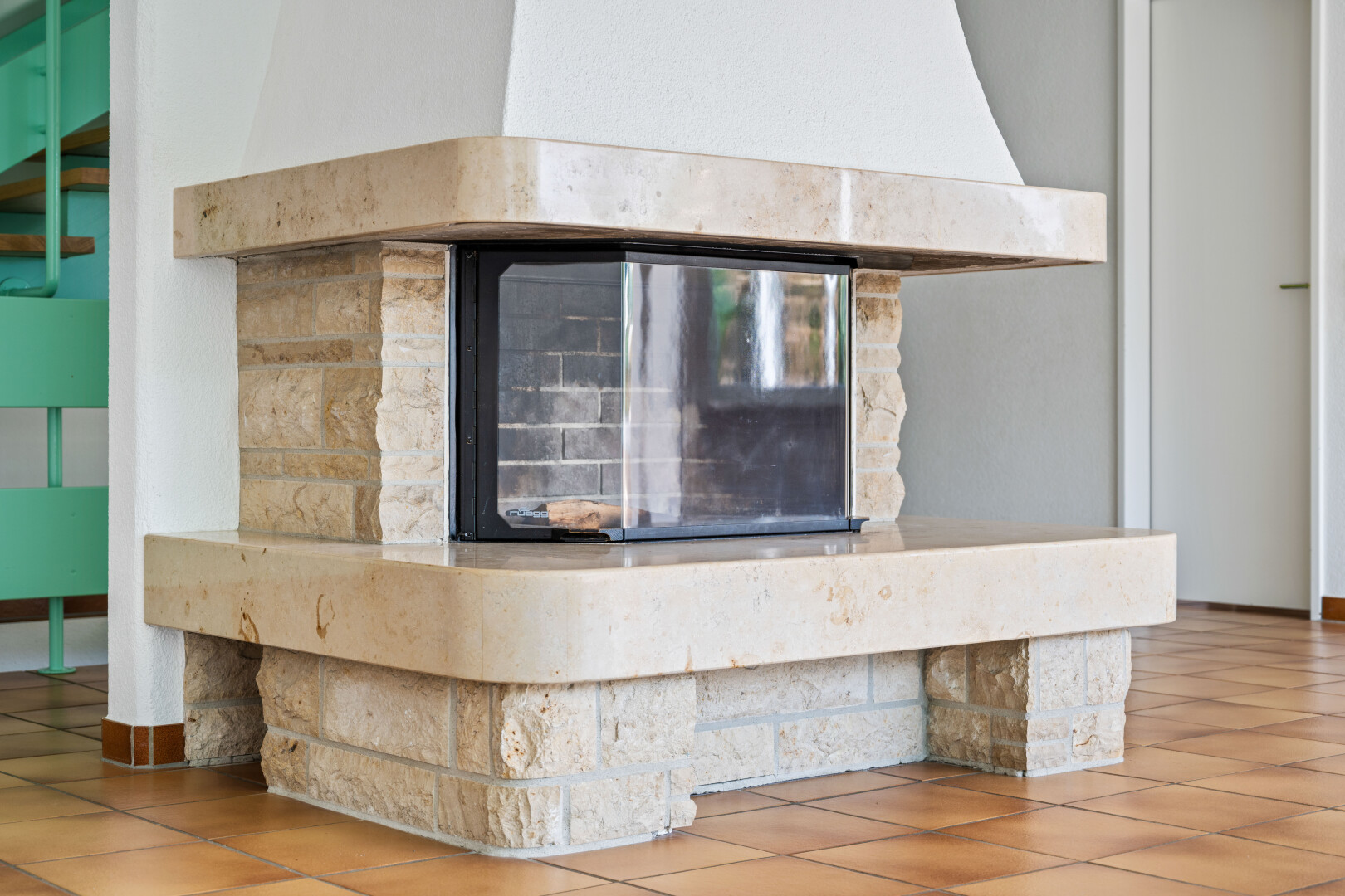 detailed view of a stone fireplace