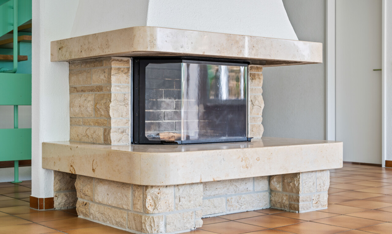 detailed view of a stone fireplace