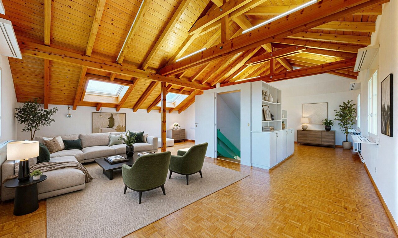 salon avec parquet floor, wood finish floor, sol en finition bois, inside property, et beamed ceiling