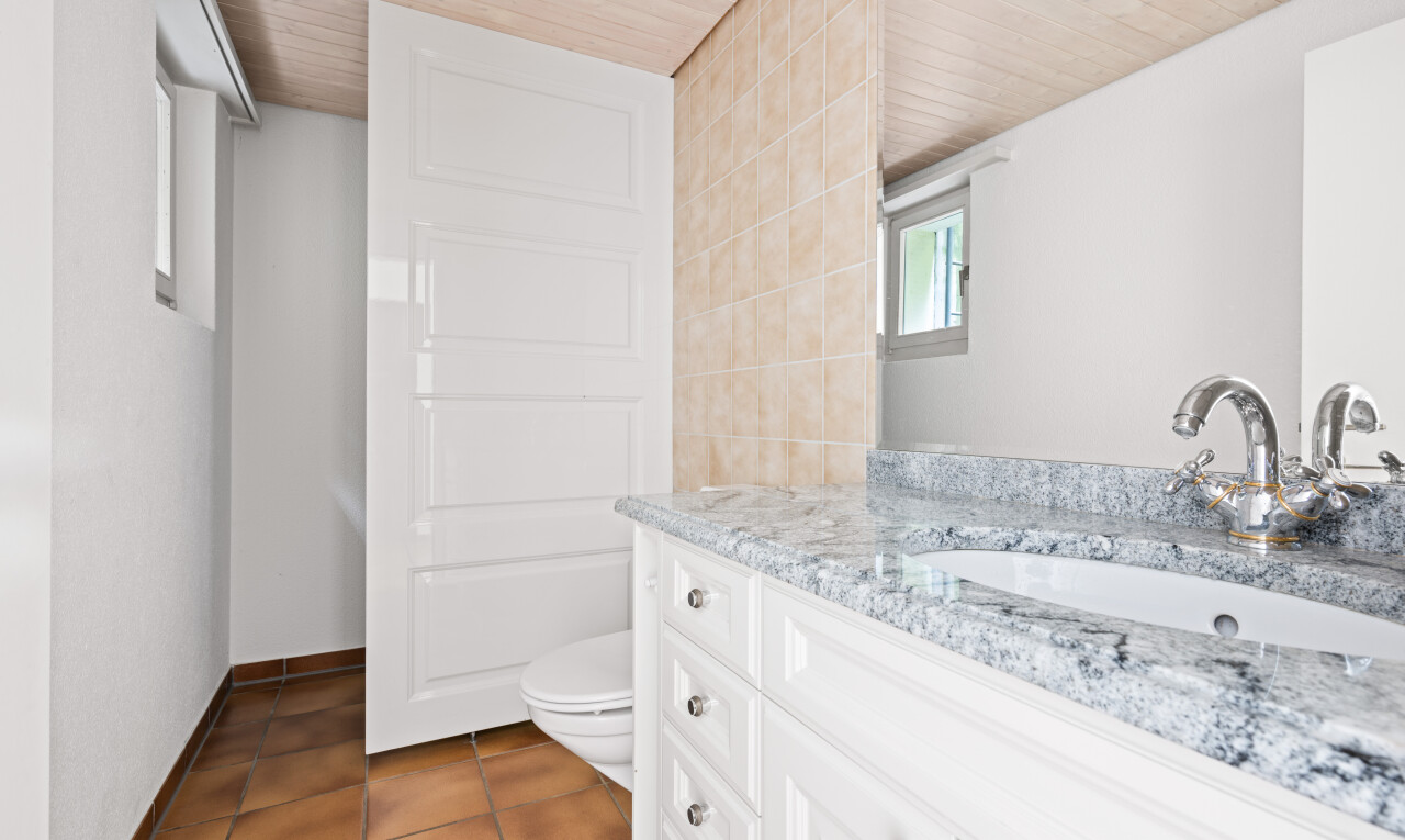 half bathroom featuring vanity, dark tile patterned flooring, and wooden ceiling