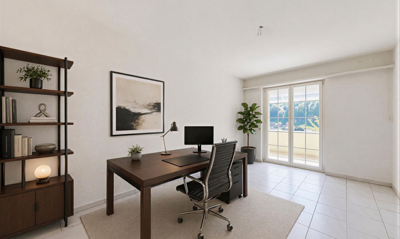 bureau avec light floor, espace bureau, tile floor, sol en carrelage, et drywall
