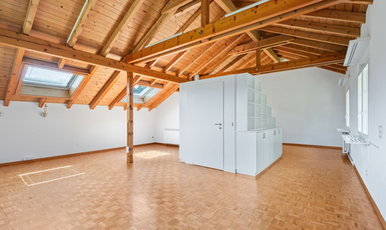 unfurnished room featuring parquet flooring, a skylight, and a wooden ceiling with exposed beams