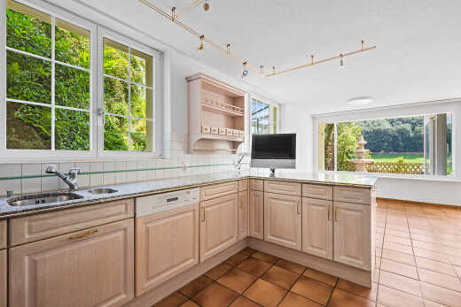 kitchen with light stone counters, healthy amount of natural light, tasteful backsplash, and rail lighting