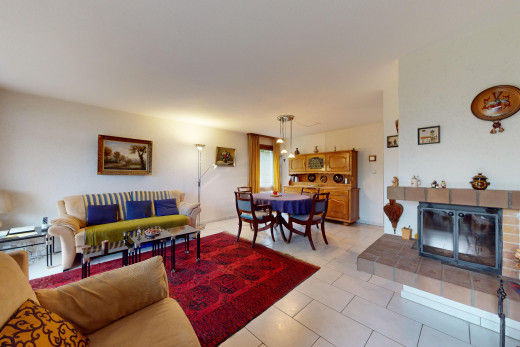 wohn- / esszimmer mit kamin und natürliches licht