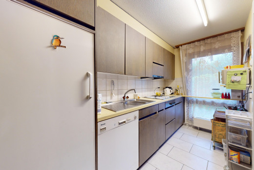 küche mit geschirrspülmaschine, natürliches licht, arbeitsplatten, kühlschrank, und küchenrückwand beim herd