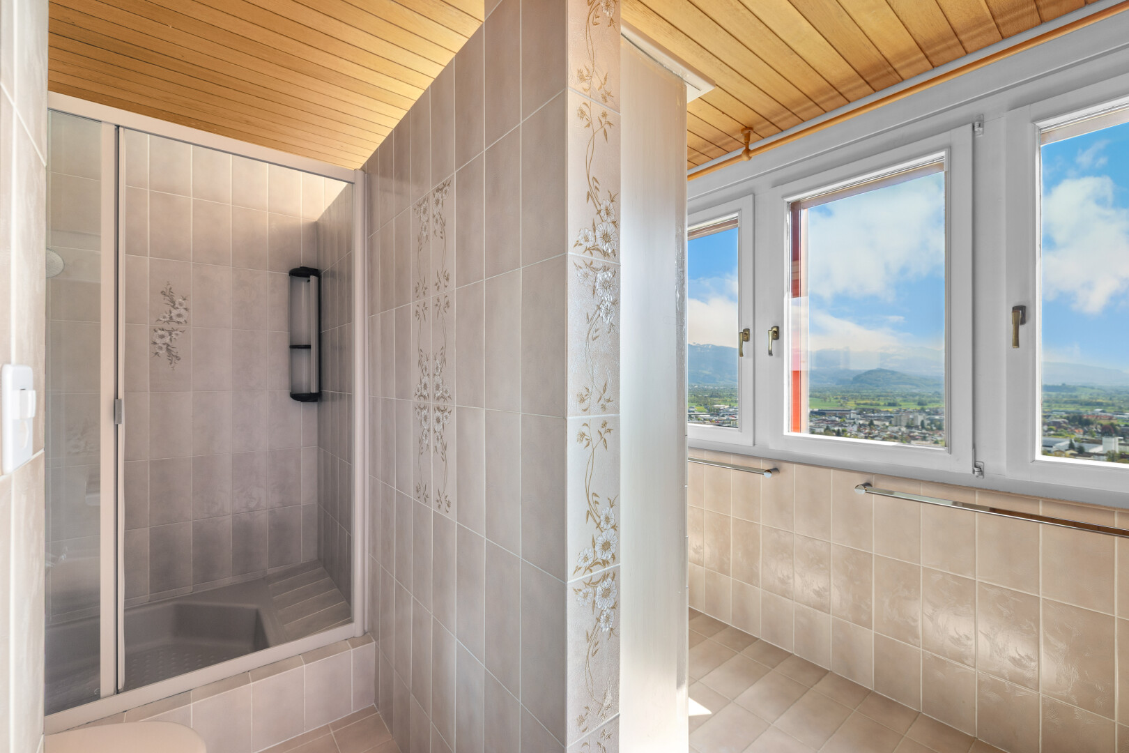 salle de bains avec day time, douche, plafond en bois, wood ceiling, et mur en carrelage