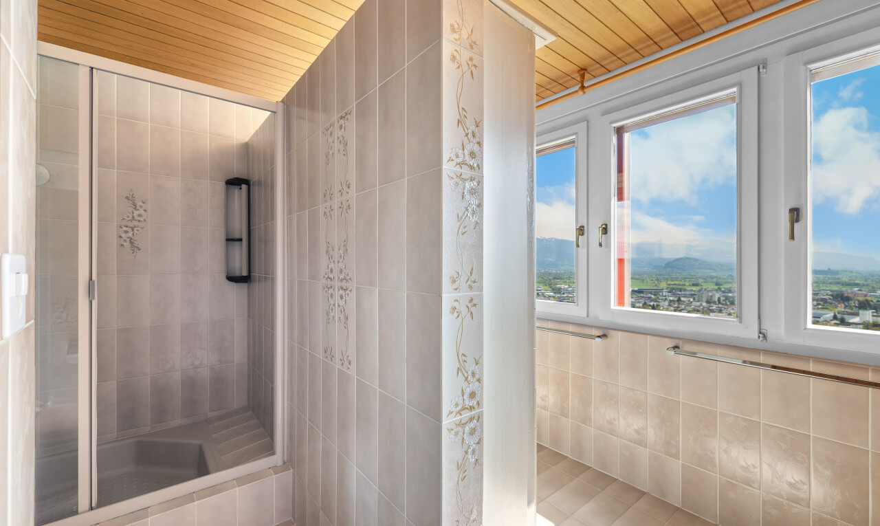 salle de bains avec day time, douche, plafond en bois, wood ceiling, et mur en carrelage