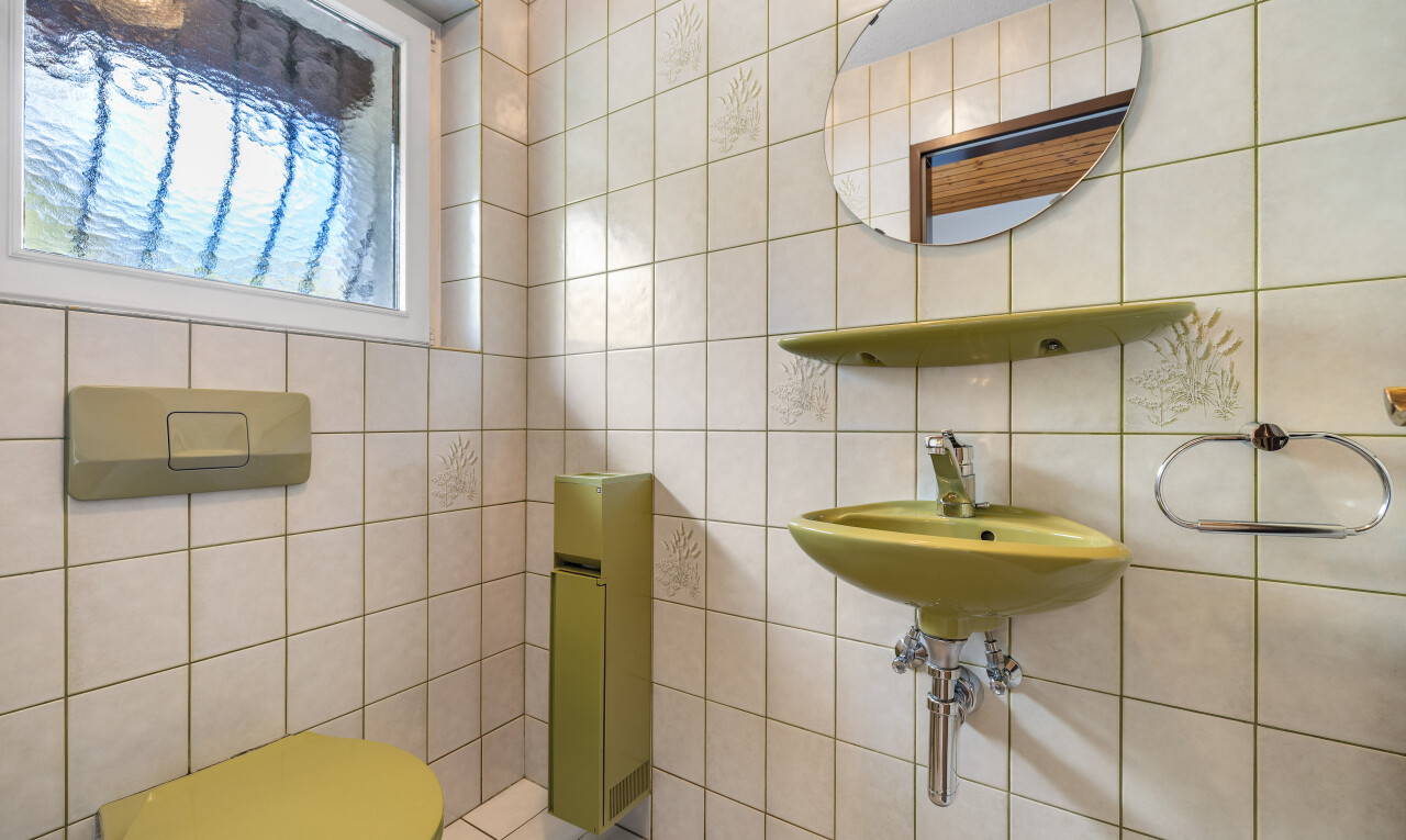 bad mit gäste-wc, spiegel, toilette, inside property, und waschbecken