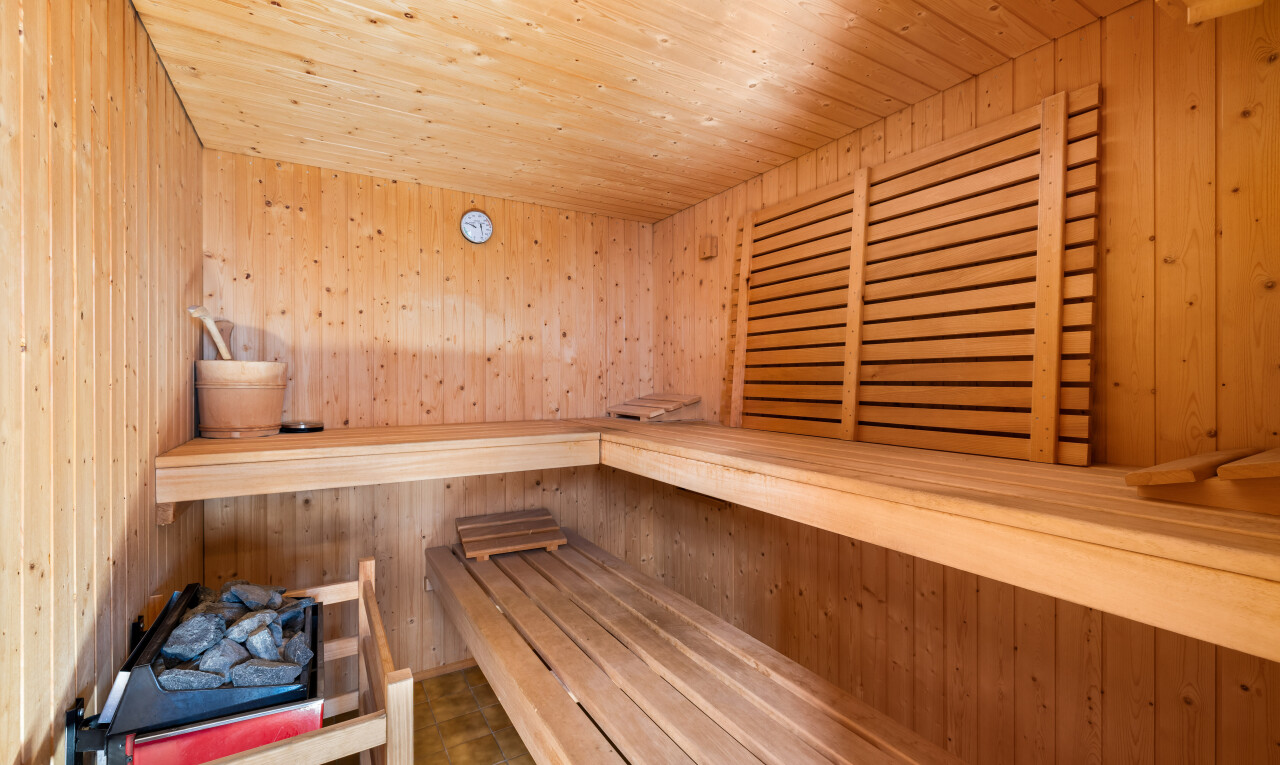 bad mit sauna, inside property, holzdecke, wood ceiling, und holzwand