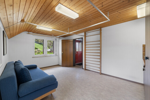 salon avec plafond en bois, wood ceiling, cloison sèche, drywall, et inside property