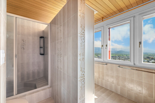 salle de bains avec day time, douche, plafond en bois, wood ceiling, et mur en carrelage