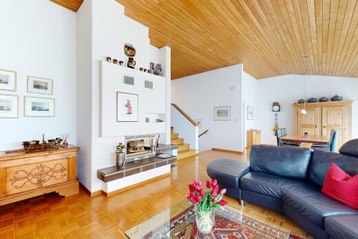 salon avec plafond en bois, wood ceiling, plafond voûté, vaulted ceiling, et inside property